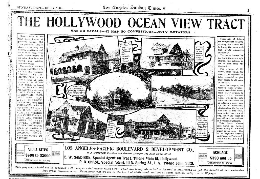 Newspaper advertisement for The Hollywood Ocean View Tract from December 1902