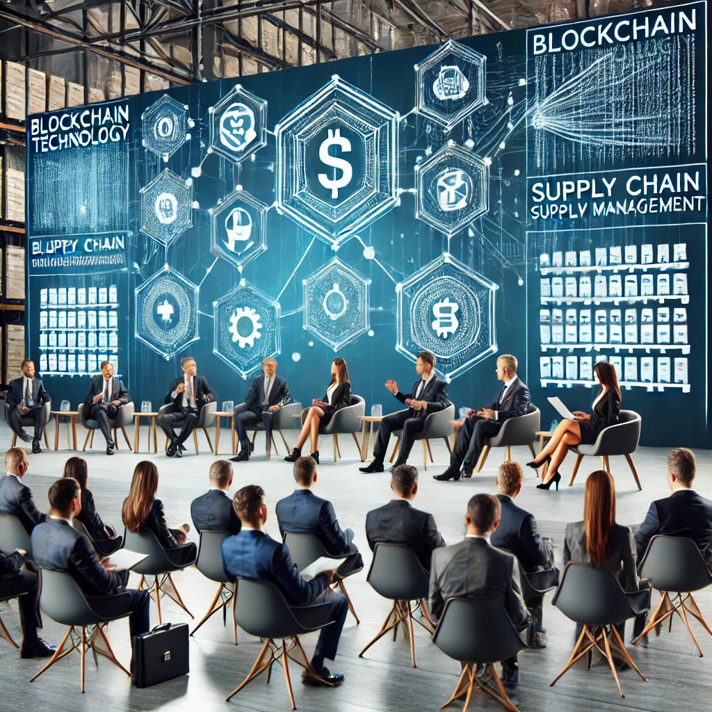 A professional conference about blockchain technology in supply chain management. Show business professionals discussing on stage with screens displaying blockchain networks and supply chain diagrams. Include elements of transparency and security, and a focus on product history and differentiation. Modern, professional atmosphere with shades of blue and white.
