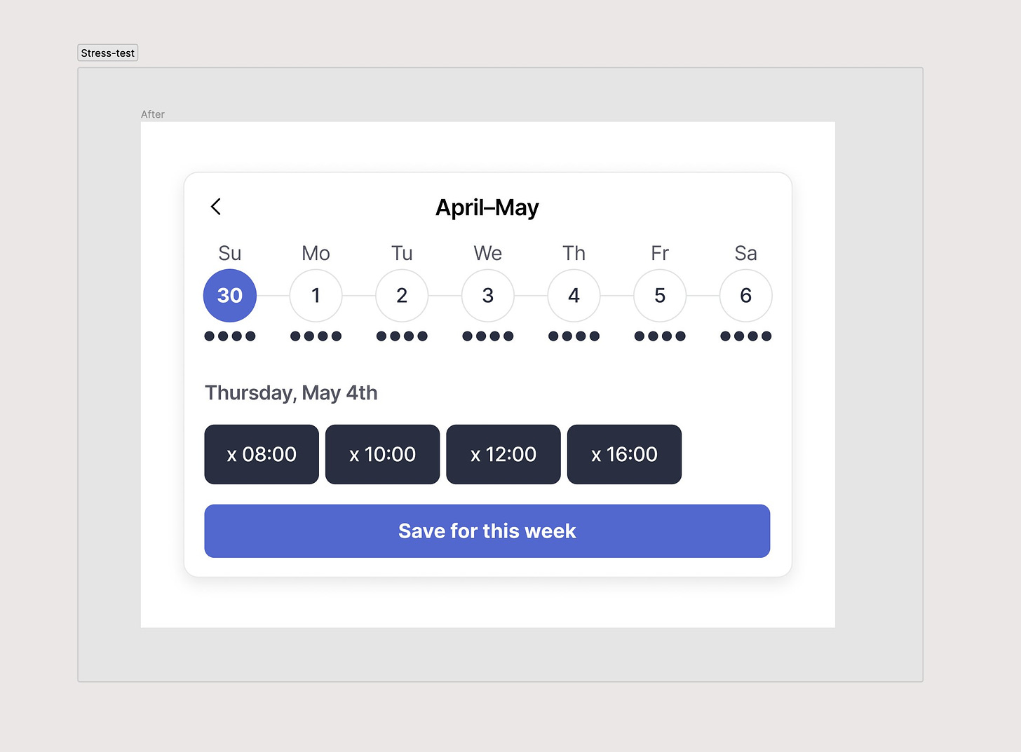 Lunchclub redesigned date picker component with every time slot every day of the week selected