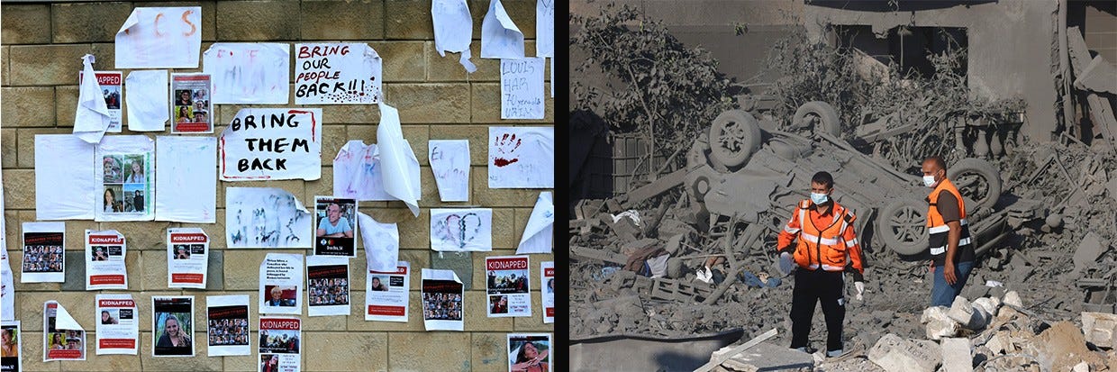 Images of Israeli hostages snatched by the Palestinian militant group Hamas last week in a surprise attack into Israel, are plastered on a wall during a rally outside the Ministry of Defense in Tel Aviv on October 16, 2023. © AHMAD GHARABLI / AFP