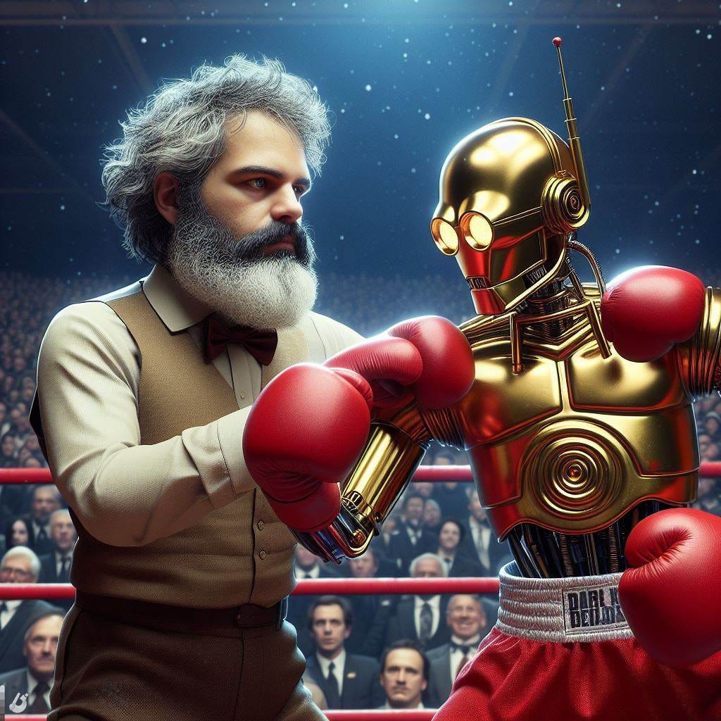 A photo realistic image of Karl Marx boxing against the droid C-CPO in a boxing ring
