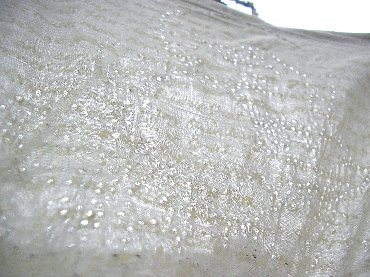 close up of some cream fabric which has pierced holes in it that form an indeterminate image. You can also see faint writing of the fabric which had a ghostly quality.
