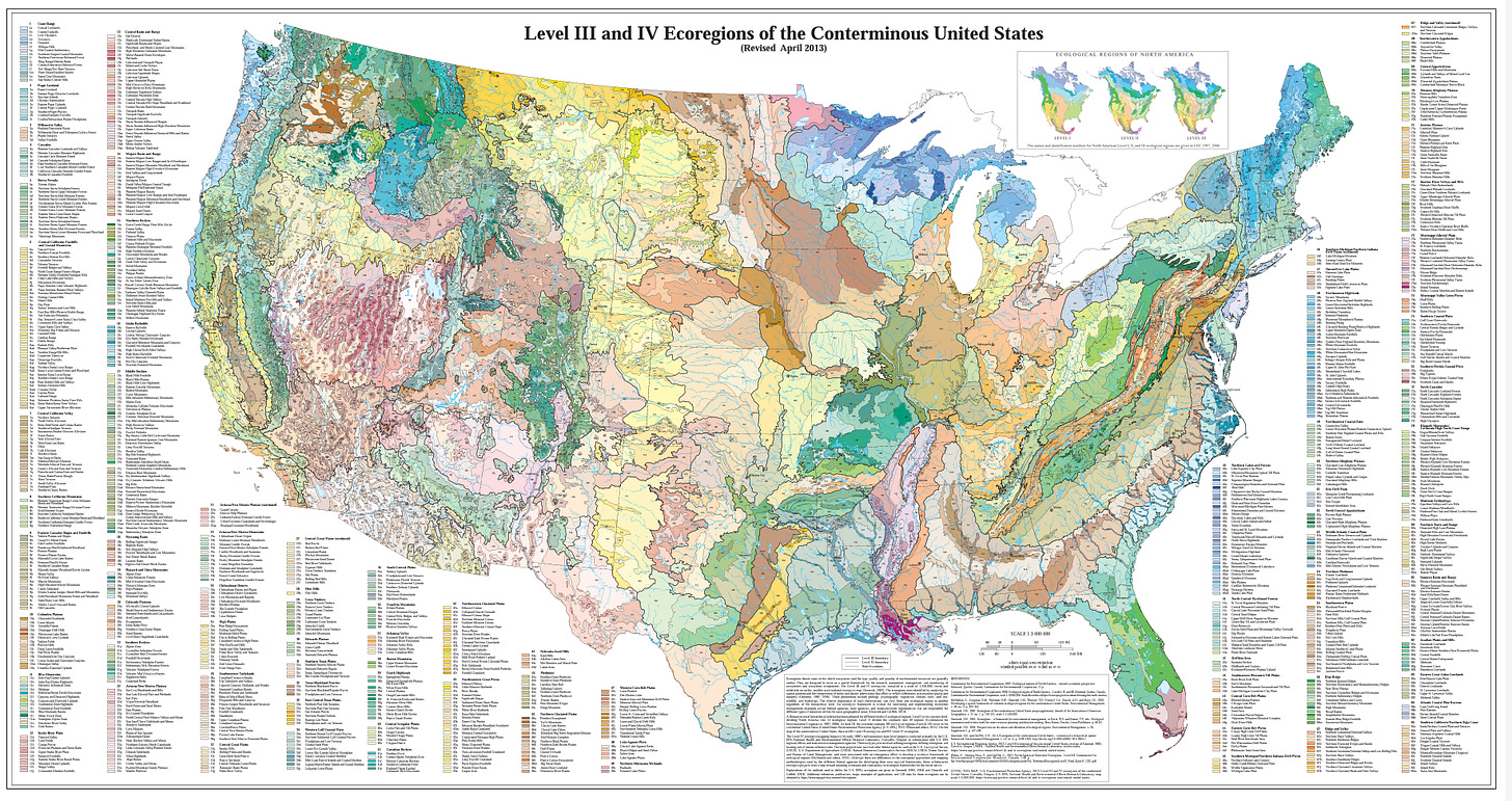 A colorful map of the U.S. divided into hundreds of ecosystems