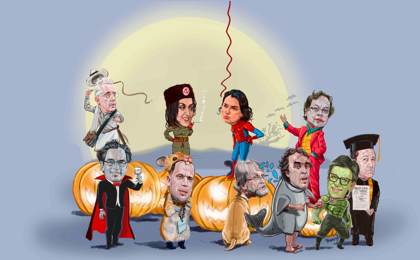 Políticos colombianos con disfraces de Halloween, caricatura 31 de octubre