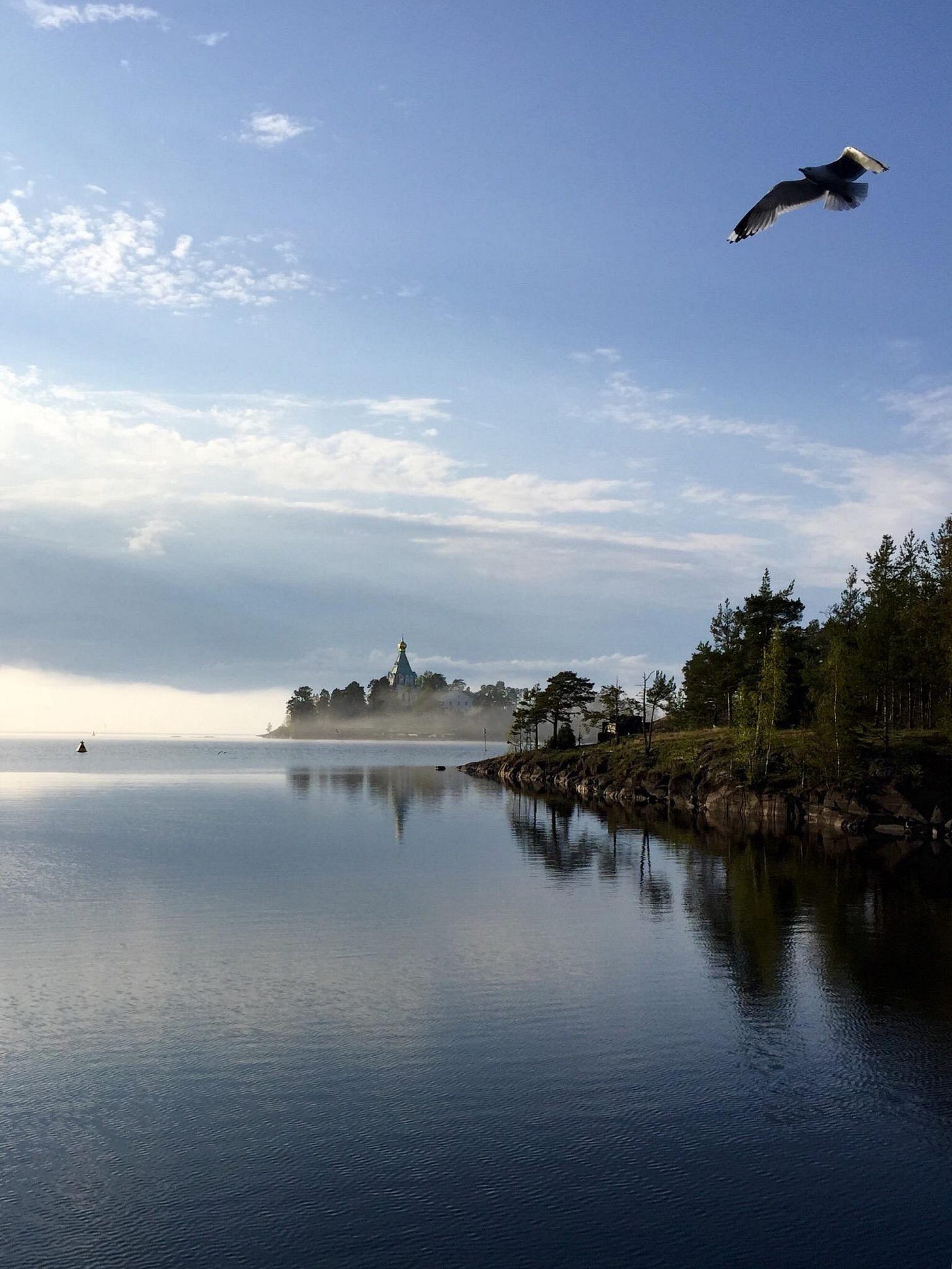 Photo of an island surrounded by water against a cloudy blue sky, with a falcon hovering in the air