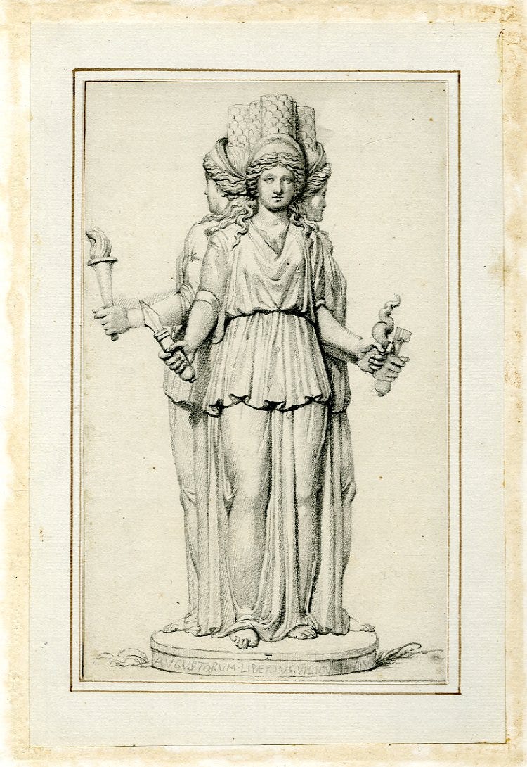 Drawing of a Hekataion, depicting Hecate as a triple goddess surrounding a central column.