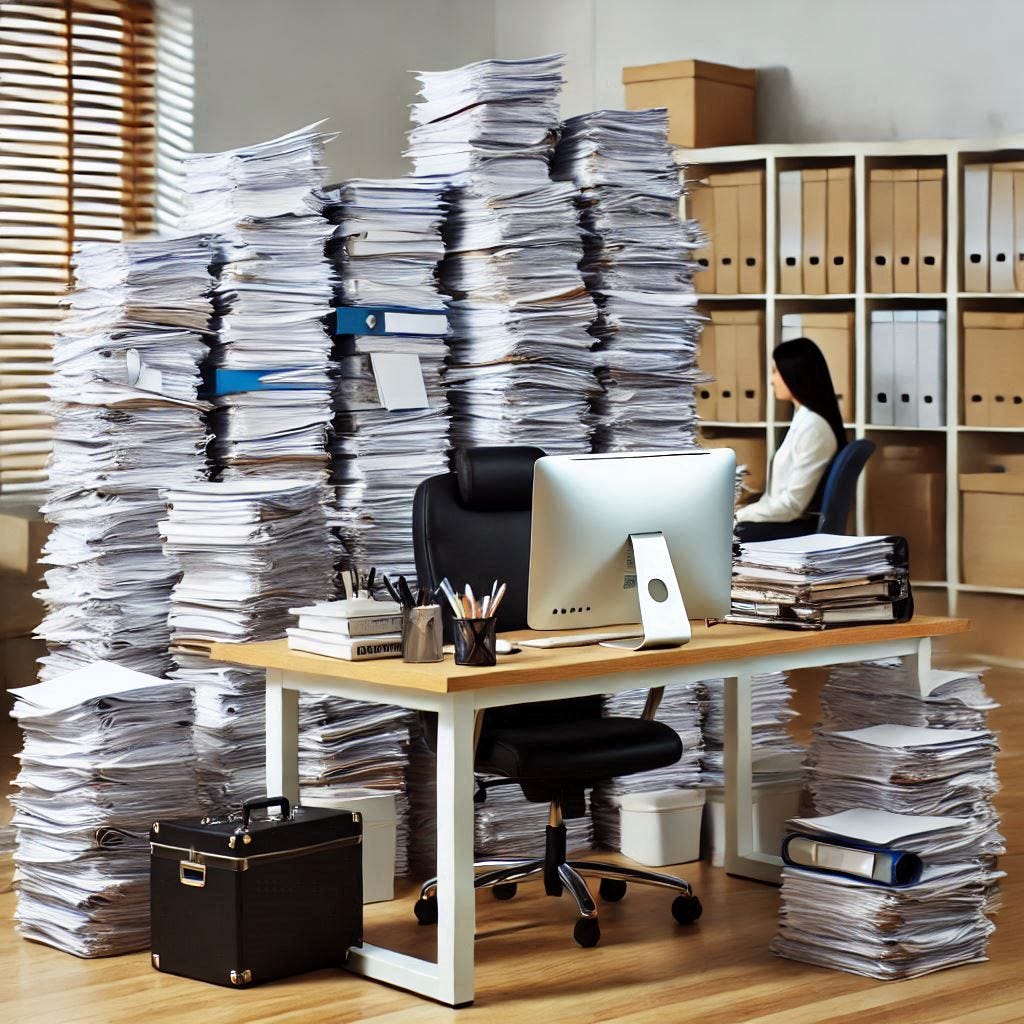 lots of paper piles in a professional setting