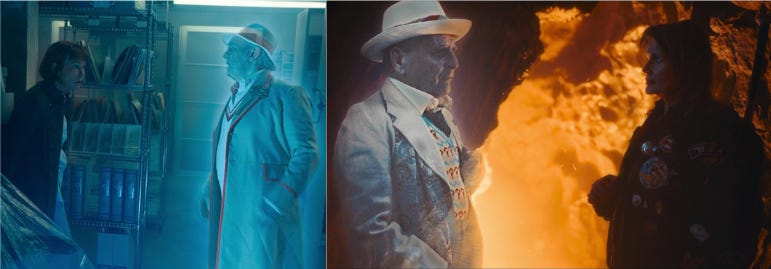 This diptych shows, on the left, Tegan Jovanka (played by Janet Fielding) encountering a holographic Fifth Doctor (played by Peter Davison) and, on the right, Ace Gale (played by Sophie Aldred) encountering a holographic Seventh Doctor (played by Sylvester McCoy) in "The Power of the Doctor." This diptych shows, on the left, Tegan Jovanka (played by Janet Fielding) encountering a holographic Fifth Doctor (played by Peter Davison) and, on the right, Ace Gale (played by Sophie Aldred) encountering a holographic Seventh Doctor (played by Sylvester McCoy) in "The Power of the Doctor."