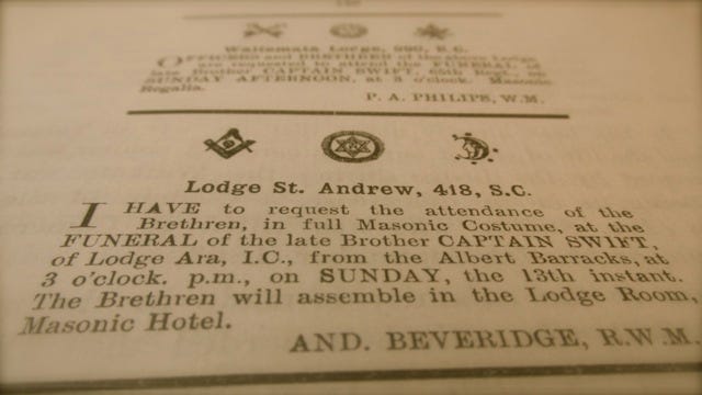 Fusion of Freemasonry and Imperalism: The funeral procession for Captain Bro. Swift of the 65th Regiment of the Imperial forces convened at the 13 acre Albert Barracks on September 13 1863.