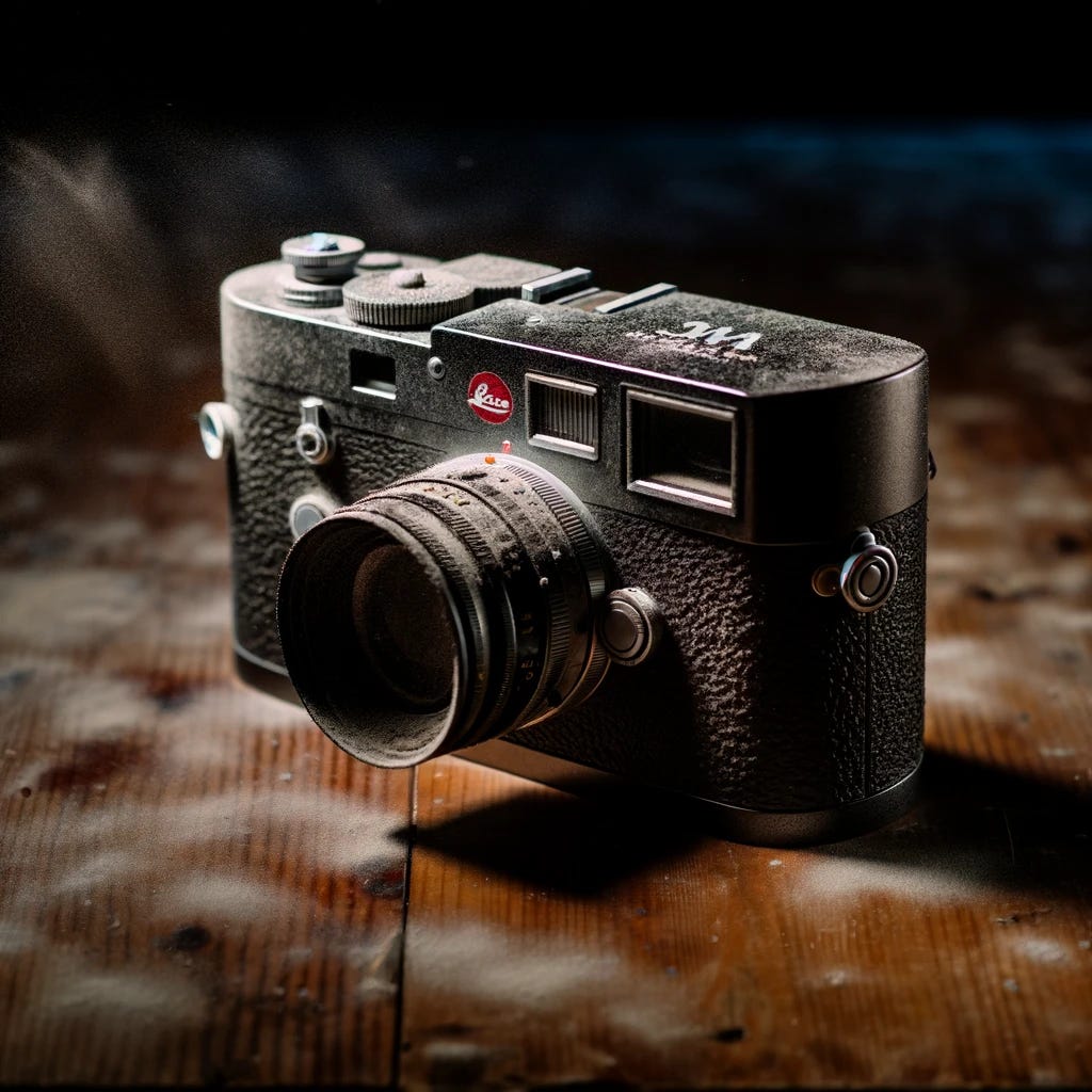 DALL·E 2024-02-18 18.29.27 - Depict a classic Leica M camera, showcasing its timeless design but with visible signs of agin.webp
