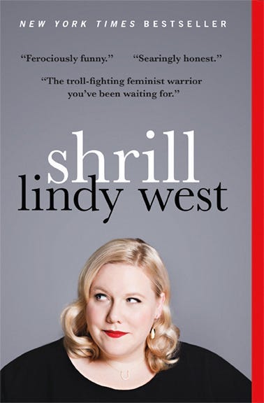 Gray background with photo of Lindy West and Shrill title on cover.