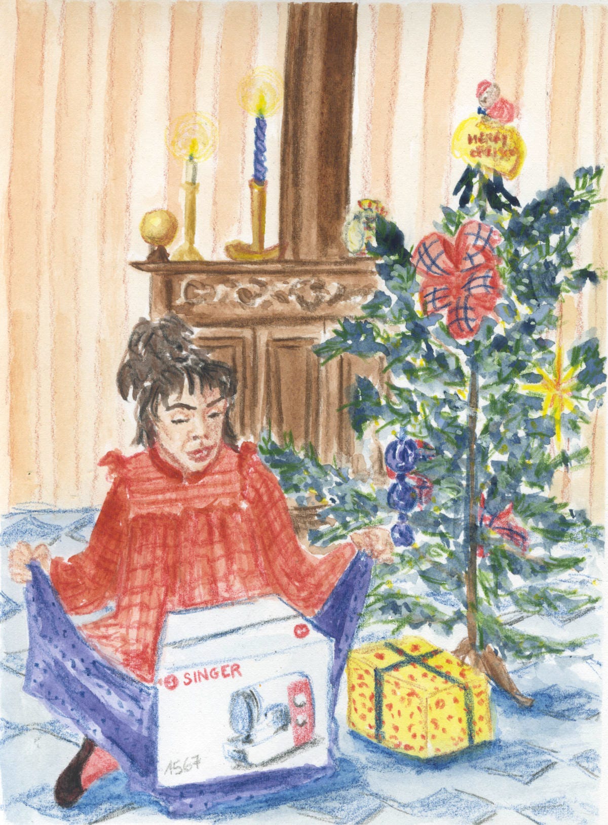 Illustration déballage de cadeau de Noël