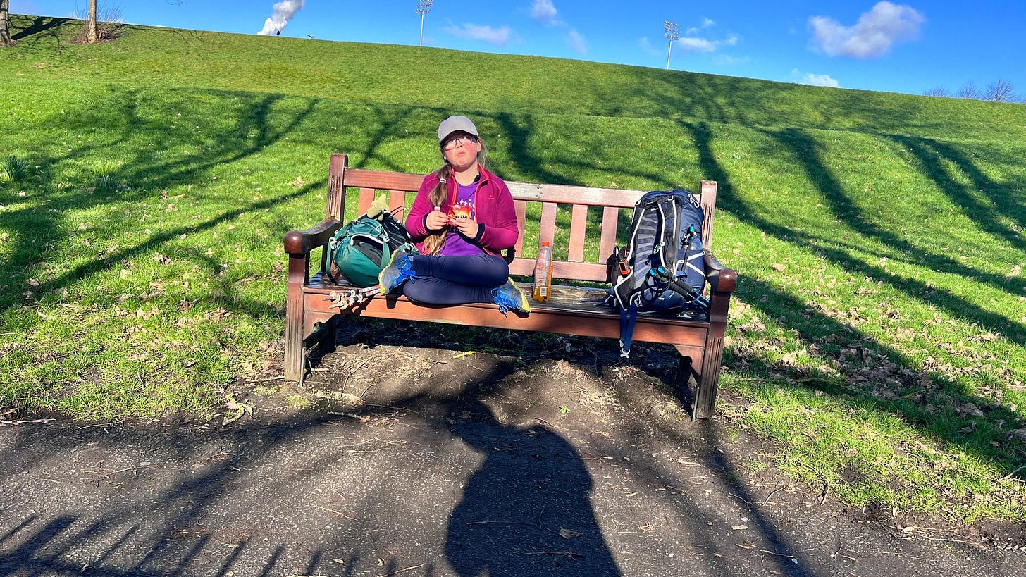 Wee break in the sun. This part of the trail was busy but pleasant, resembling most other city parks we have walked through. 