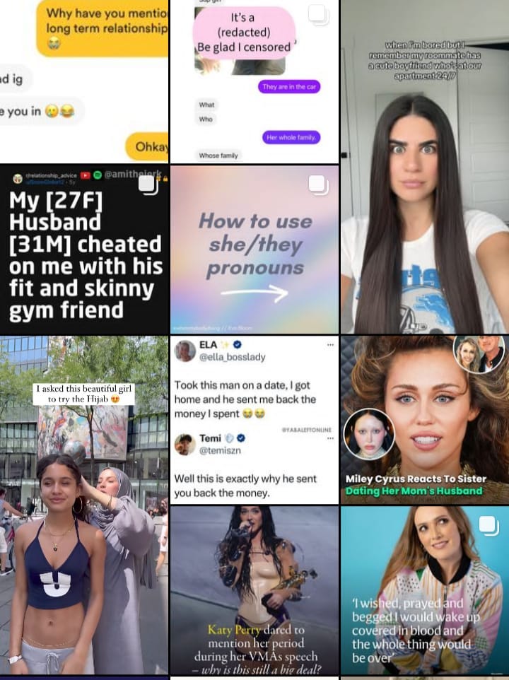 Screenshot of Instagram Explore page showing posts about Hinge dating, Reddit posts on husbands cheating, and celebritiy news about Miley Cyrus