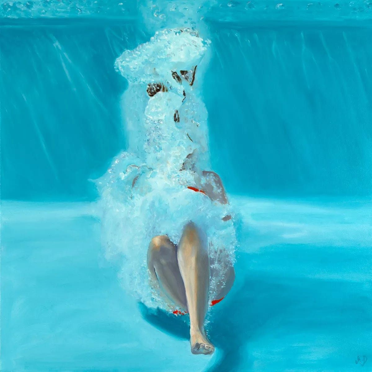 Pintura fundo de uma piscina com uma mulher dando um tibum. Não se vê o rosto dela, que está quase sentada e o movimento da água a esconde por trás. Ela veste um maiô vermelho e a obra é azul clara.
