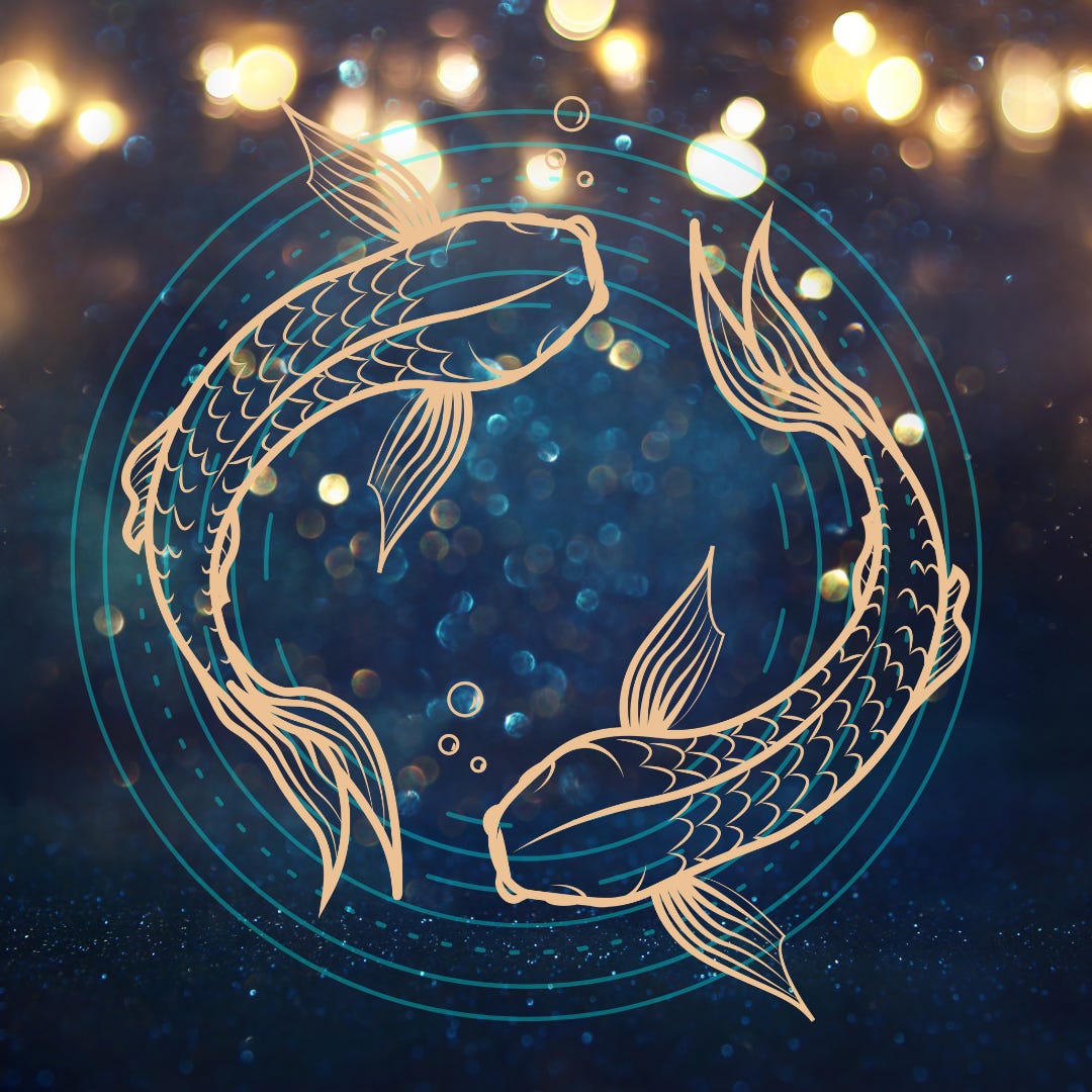 An artistic digital illustration of the Pisces zodiac sign, featuring two elegantly drawn fish swimming in a cosmic, watery background. This image symbolizes Pisces' deep connection to dreams, intuition, and the mystical realms