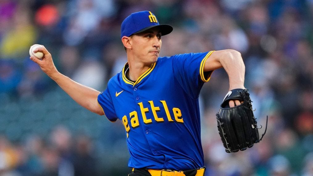 Seattle Mariners starting pitcher George Kirby throws against the Boston Red Sox during the first inning of a baseball game Friday, March 29, 2024, in Seattle. (AP Photo/Lindsey Wasson)