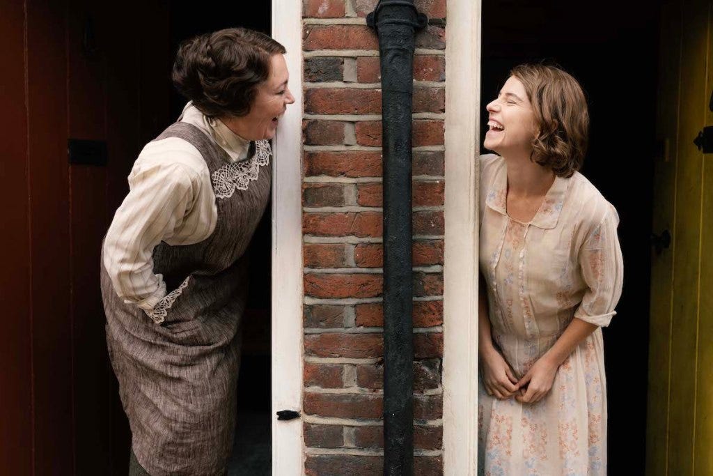 Olivia Colman (right) and Jessie Buckley in "Wicked Little Letters." (Photo courtesy Sony Pictures Classics)