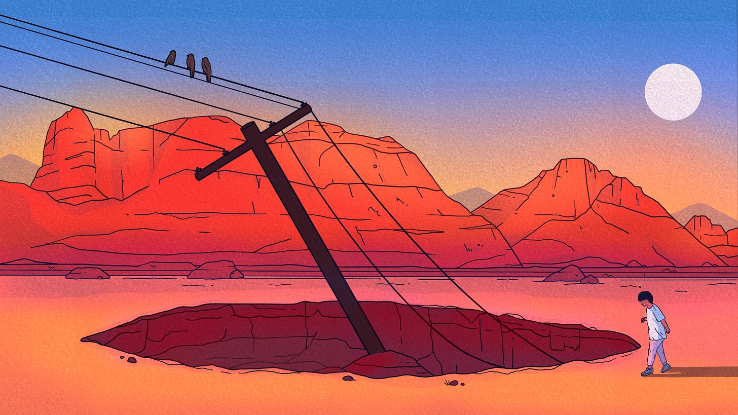 A desert landscape with red-coloured buttes in the midground and a blue sky behind. In the foreground is a sinkhole with a utility pole sticking out at a diagonal; on the wires sit three birds and a person is looking into the sinkhole. 
