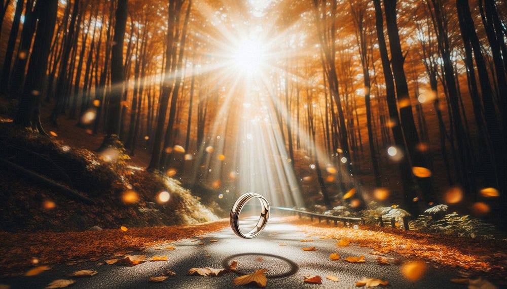 A serene forest scene with sunlight streaming through the trees, casting a warm glow over a path covered with fallen leaves. A reflective ring stands upright in the center, creating a magical and significant appearance