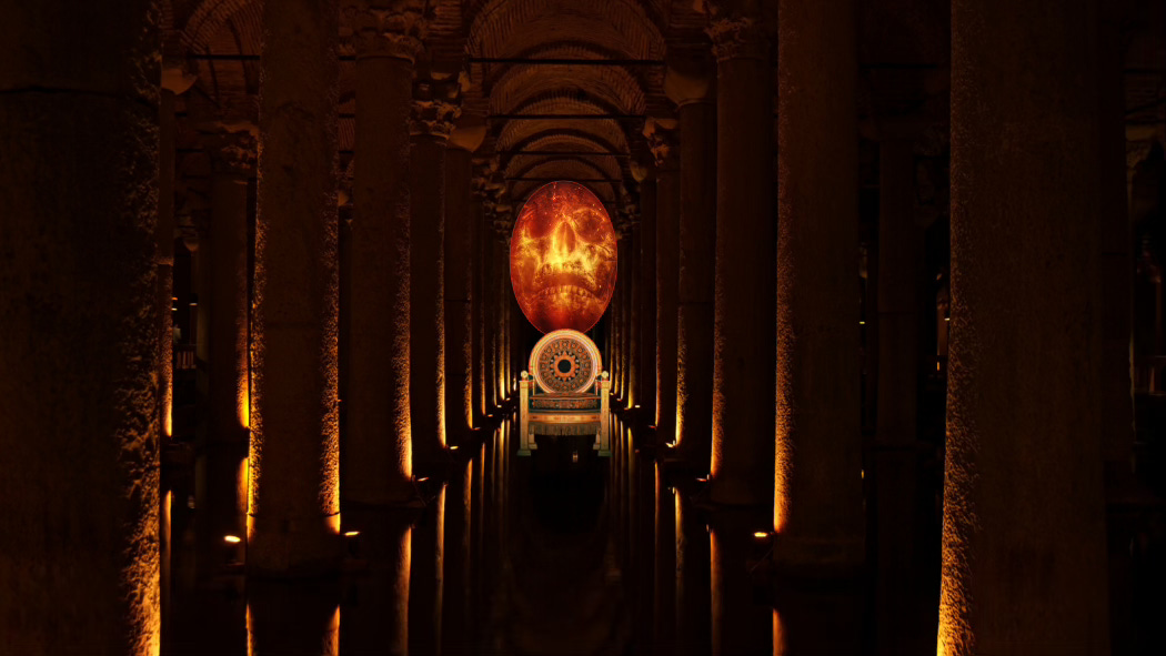 Row after row of towering columns flank the passage through a dark, ominously lit lair. At the far end squats a golden throne with a disk-shaped back. Above it looms a skull a-flame.