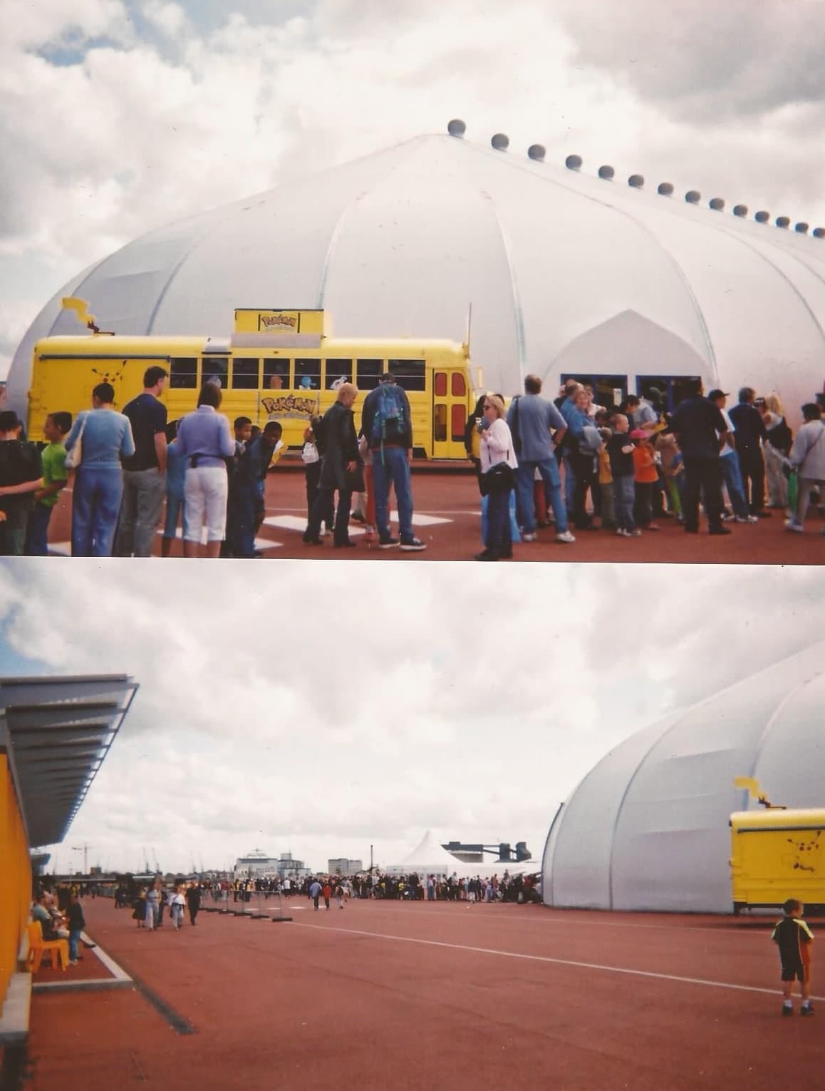 A photograph of the line at the Pokémon event, with the Pikachu bus