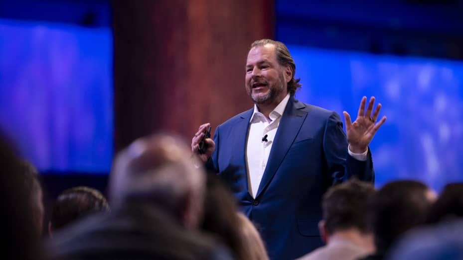Marc Benioff, chief executive officer of Salesforce.com Inc., speaks during a keynote at the 2023 Dreamforce conference in San Francisco, California, US, on Tuesday, Sept. 12, 2023. Benioff said new product features, including those powered by artificial intelligence, will be demonstrated at the company's annual conference in September.