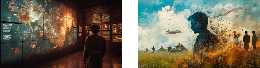 A diptych illustrating themes of strategy and conflict: on the left, a military officer stands in a dark command center, observing a large, illuminated digital map displaying global data and strategic information, evoking a sense of control and planning; on the right, a dynamic painting showing the silhouette of a soldier merging into a battlefield scene with tanks, planes, and soldiers against a bright sky, symbolizing the personal impact of war and the merging of humanity with conflict.