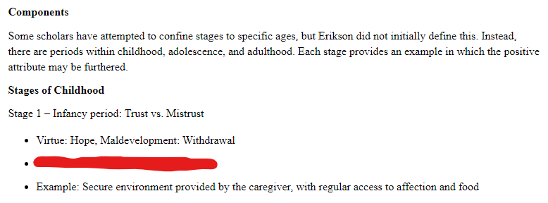 A screenshot from StatPearls detailing Stage 1 of the Erikson stages, whcih is related to Infancy and trust vs mistrust. Example: secure environment provided by the caregiver, with regular access to affection and food.