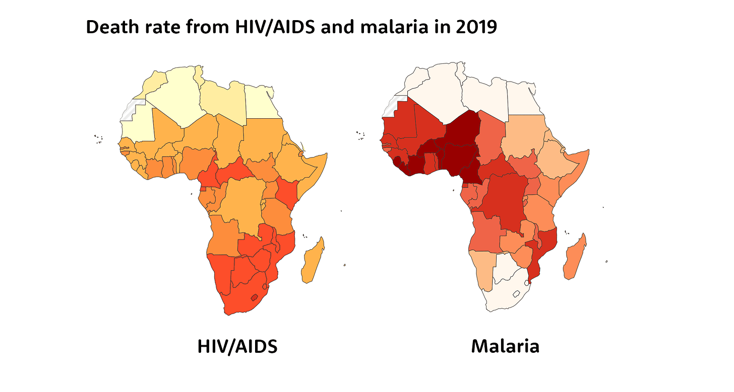 Two maps of Africa side by side, showing rates for each country for HIV/AIDS and malaria deaths in 2019. Maps are described in surrounding text. Two maps of Africa side by side, showing rates for each country for HIV/AIDS and malaria deaths in 2019. Maps are described in surrounding text.
