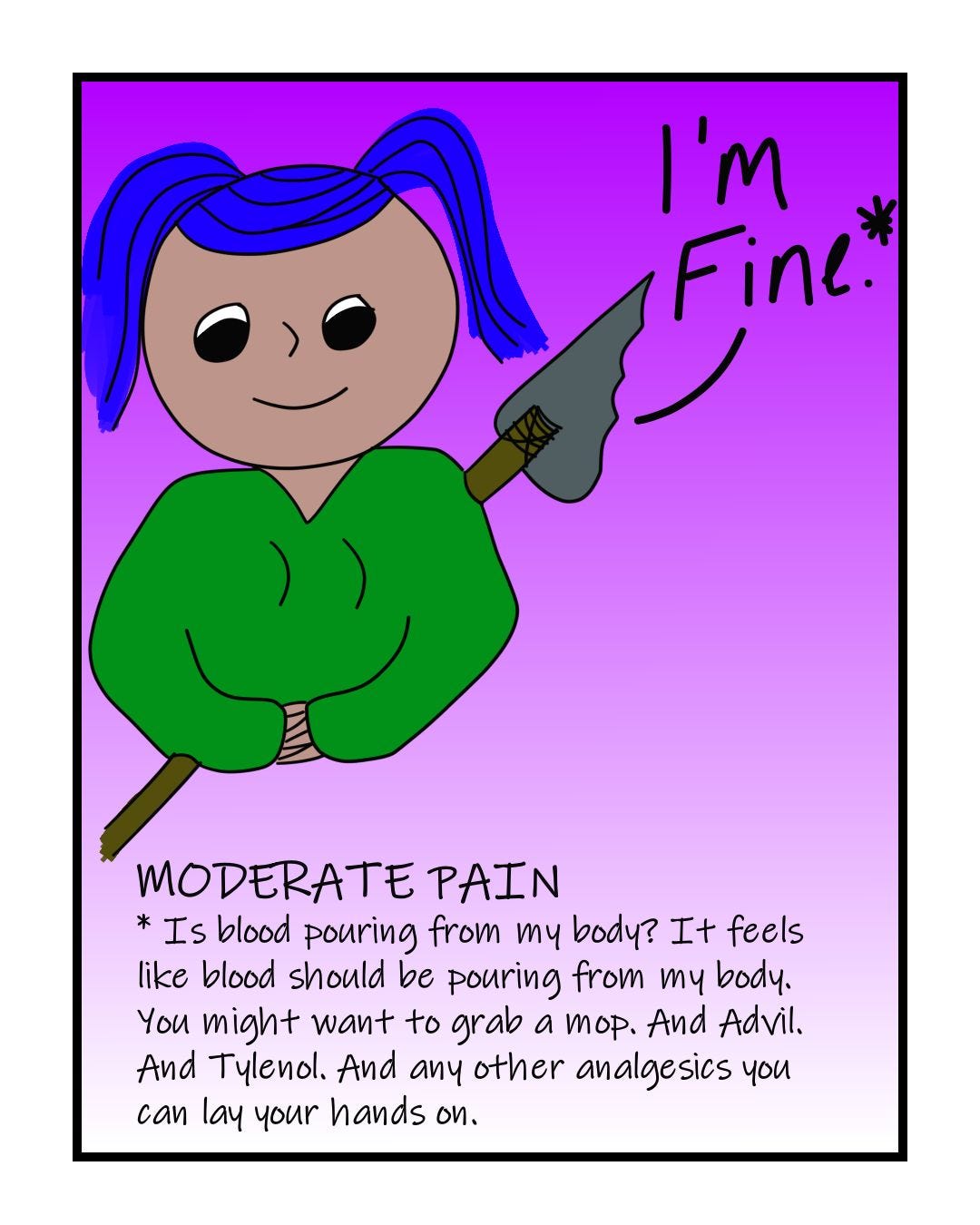 "I'm fine." MODERATE PAIN (Translation: "Is blood pouring from my body? It feels like blood should be pouring from my body. You might want to grab a mop. And Advil. And Tylenol. And any other analgesics you can lay your hands on."