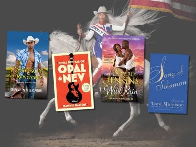 4 covers of books with a Beyonce promo image in the background