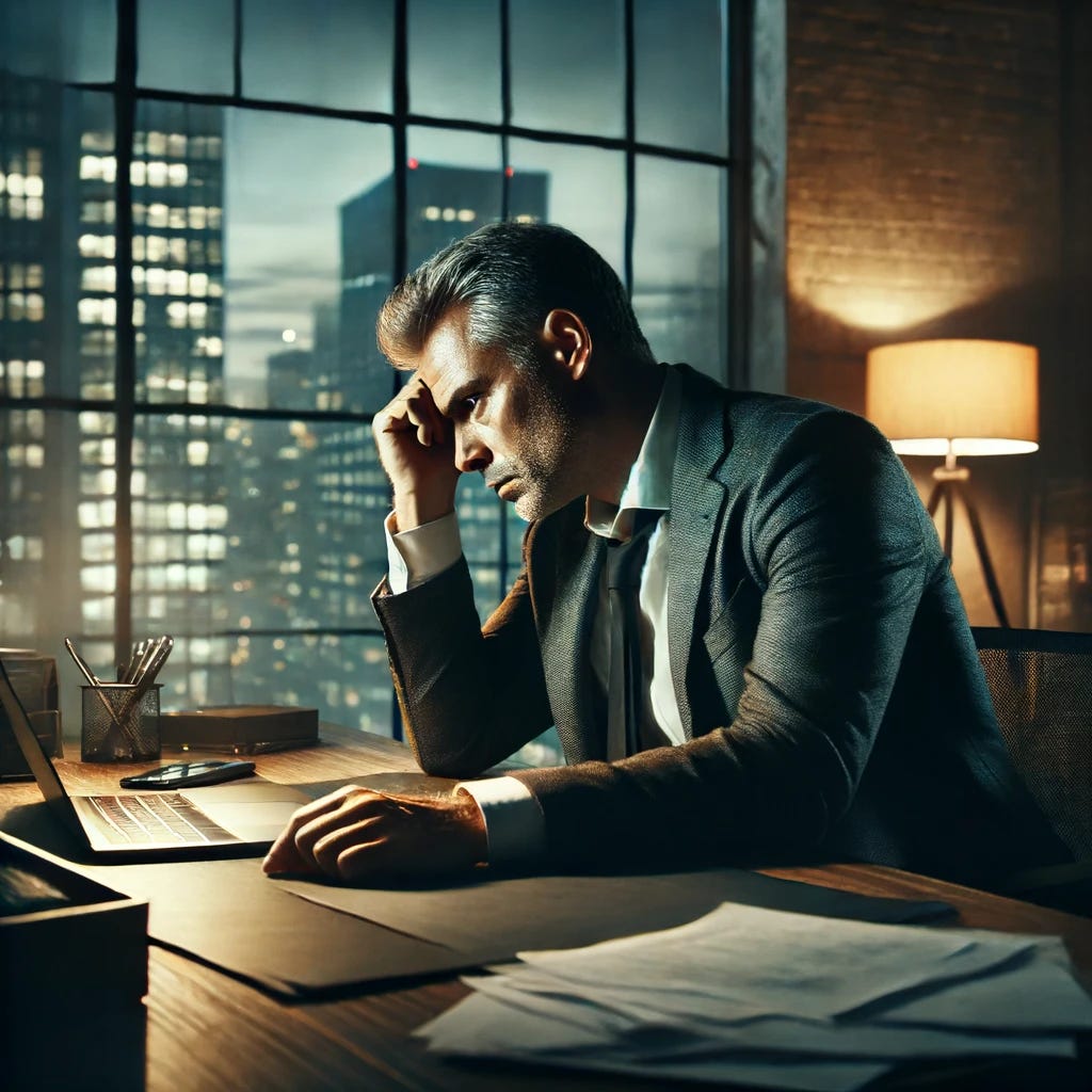 A dramatic scene depicting a struggling CEO in an office setting. The CEO, a middle-aged Caucasian male with short gray hair, appears stressed and contemplative. He is sitting at a modern desk cluttered with papers and a laptop, his head resting in one hand while he gazes out a large window showing a cityscape at dusk. The office is dimly lit, with soft light coming from a desk lamp, highlighting his worried expression. The scene conveys a sense of overwhelming responsibility and concern.