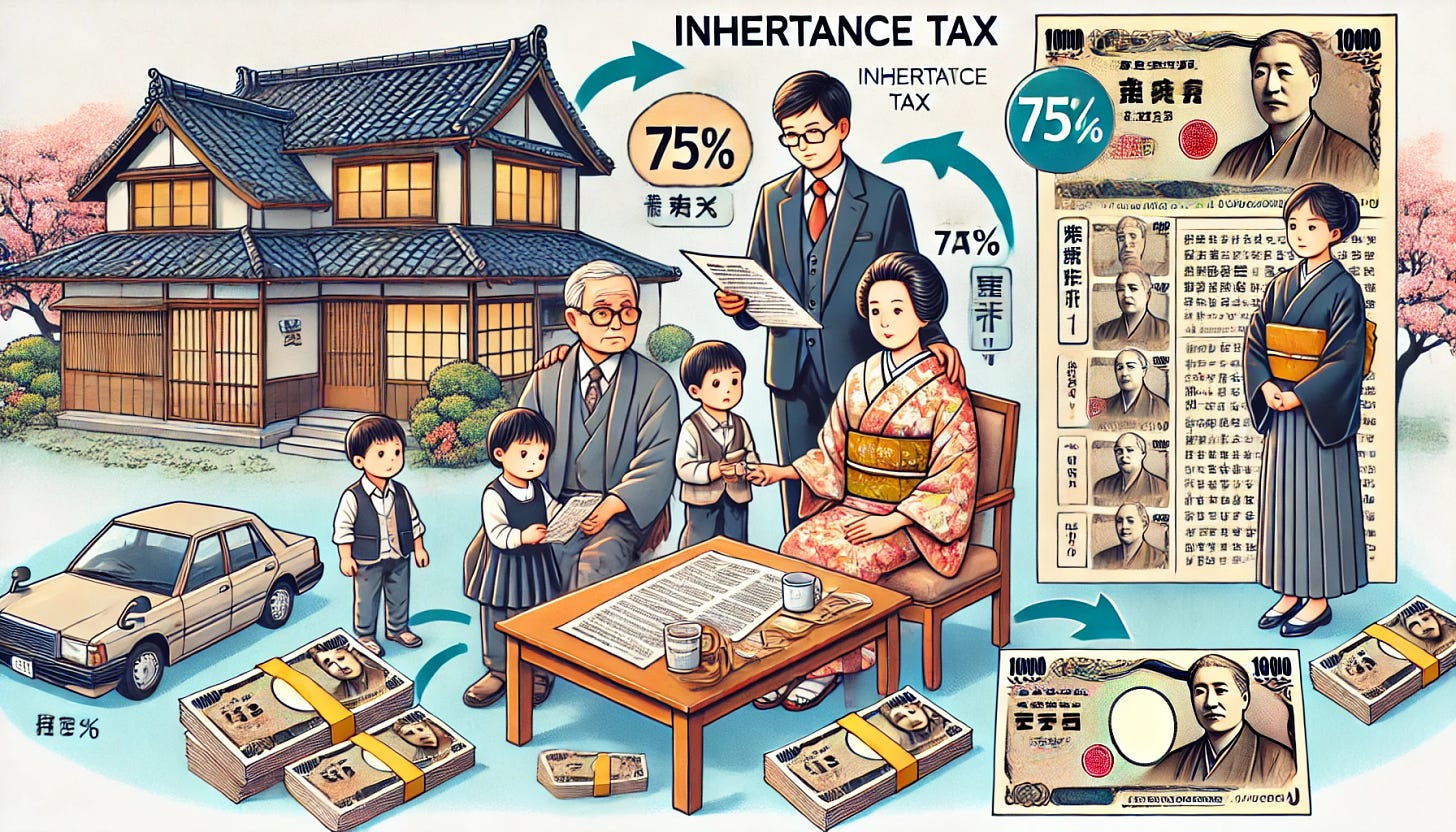 A detailed illustration of the inheritance tax in Japan. The scene depicts a traditional Japanese family, including an elderly couple, their children, and grandchildren, in a warm and respectful setting. There is a will or testament document symbolizing inheritance. In the background, there is a house representing inherited real estate. Stacks of yen notes symbolize inherited wealth. A tax document or a percentage symbol (e.g., 75%) indicates the tax rate. An official person (tax officer) in a formal suit holds a clipboard or calculator. Arrows point from the elderly couple to the children and grandchildren, indicating the flow of inheritance. Labels such as 'Inheritance Tax' with relevant percentage rates are included.