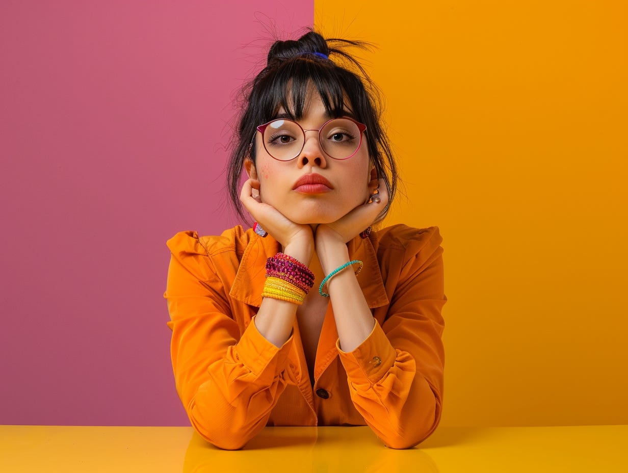 woman sitting at a table, feeling unwell, frowning, frustrated, not willing to talk, wearing eye glasses, and wearing accessories with contrasting vivid colors. A studio shot, contrasting colors, single vivid color flat background color