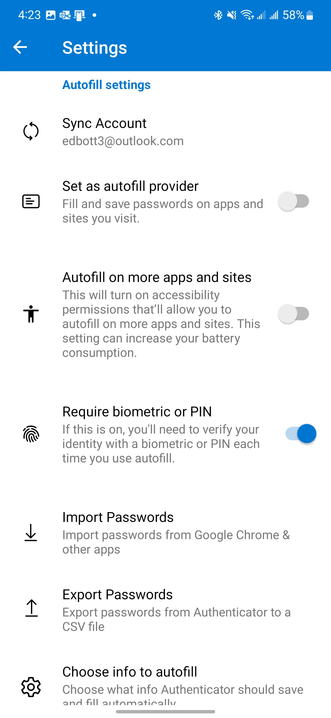 This is a screenshot of the Settings page from Microsoft Authenticator, with options for syning passwords and automatically filling them in and saving them for use with apps and wensites.