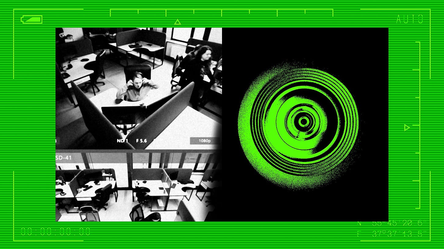 Photo collage of security footage from an office and a security camera