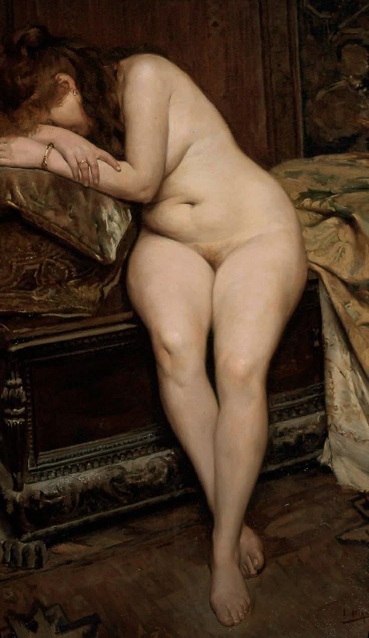 This may contain: a painting of a naked woman laying on a bed