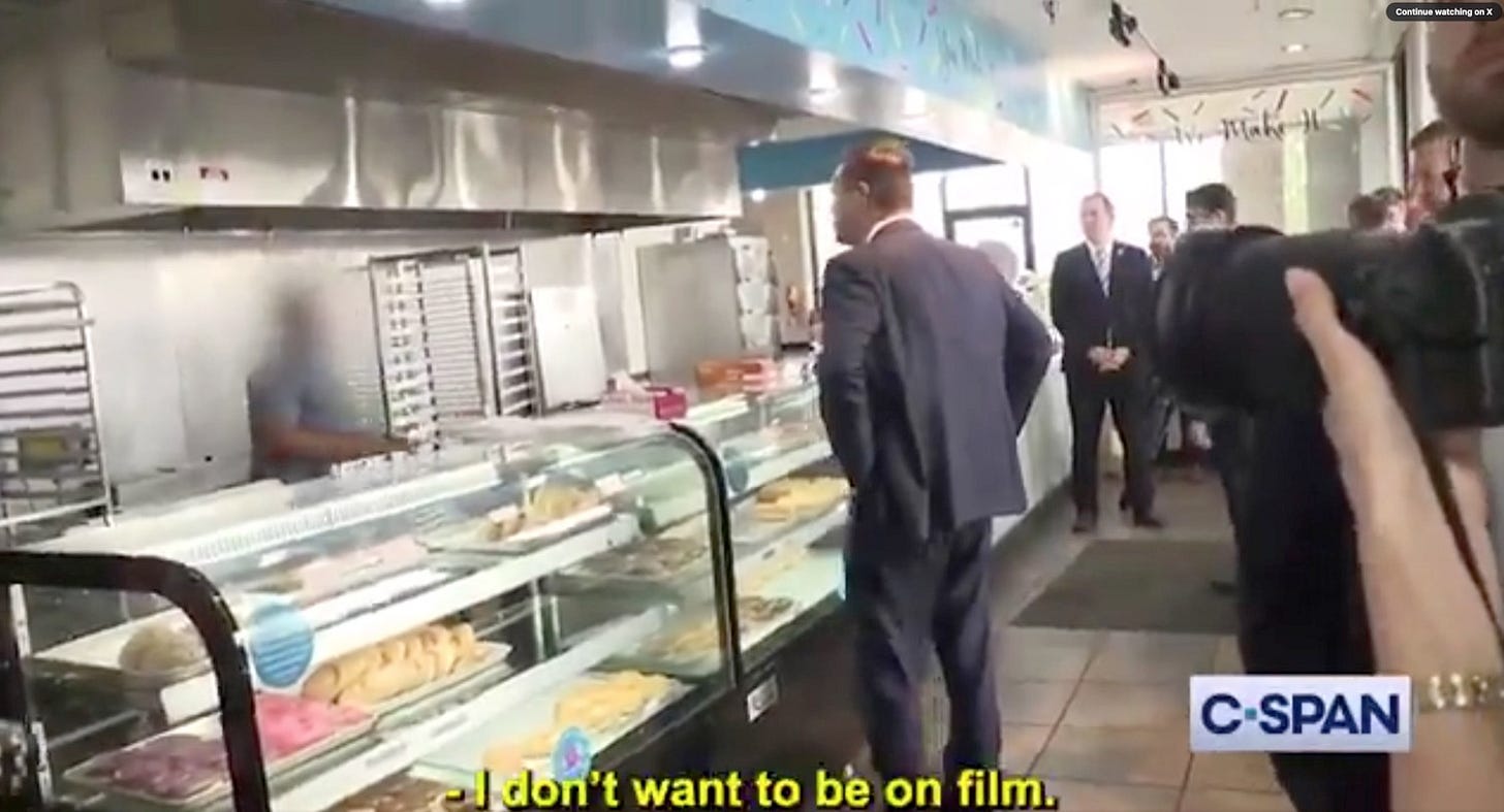 JD Vance pretends to order donuts during an awkward encounter with workers (C-SPAN)