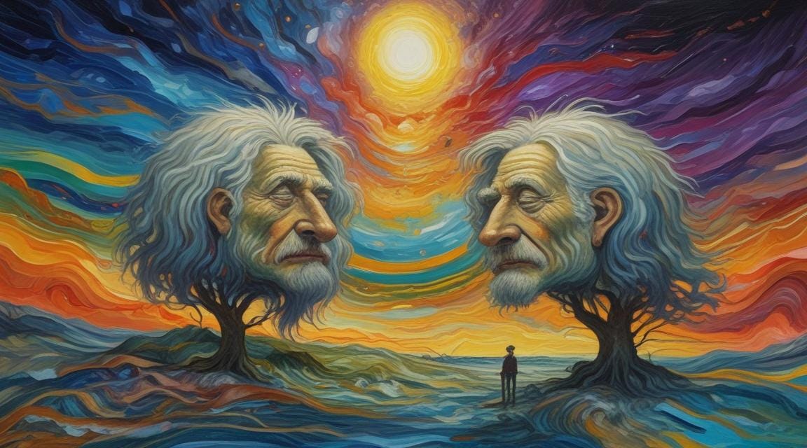 Einstein twin heads mounted eerily on trees with eyes closed