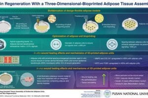 The conditions for 3D bioprinting of adipose tissues involved the use of adipose-derived decellularized extracellular matrix and alginate as a hybrid ink. The optimal diameter of adipose units and the spacing between them were established. In addition to promoting wound healing in vitro, the bioprinted adipose tissue promoted skin regeneration in a mouse skin wound model by regulating cell migration, vasculogenesis, and keratinocyte differentiation.