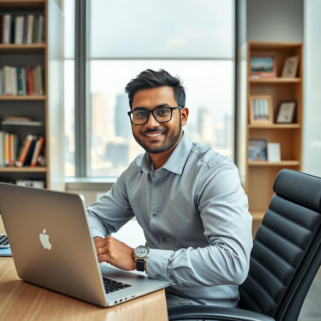 A man with dark hair and a trimmed beard, wearing glasses and a light gray shirt, is smiling while seated at a desk with a laptop in front of him, and bookshelves and a window with a cityscape view in the background