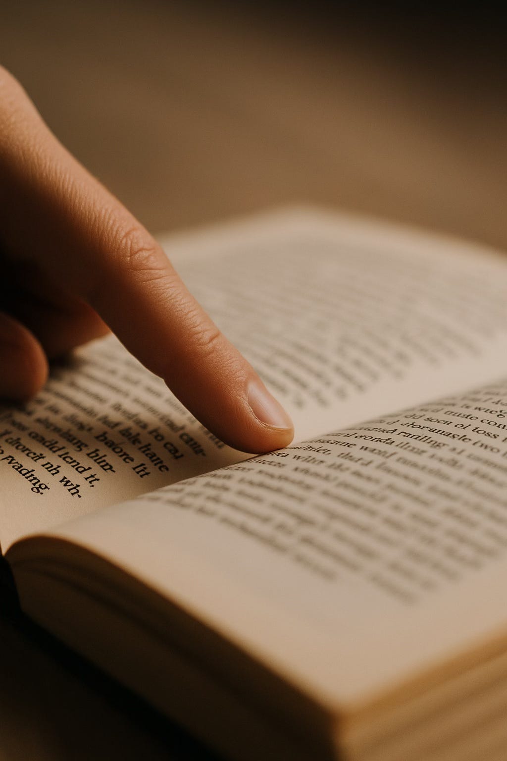 A close-up of a finger pointing to a line in an open book, with soft lighting and blurred text in the background.