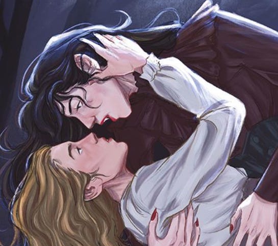 Ilustración por Eva García (@evgar_art) de Carmilla (una mujer muy pálida con pelo negro y vestido granate) sobre su víctima-pareja Laura (también pálida, pero no anemia-level, con pelo rubio y un camisa blanca con falda gris). El  abrazo entre ambas no deja lugar a dudas sobre lo poco platónico de su relación