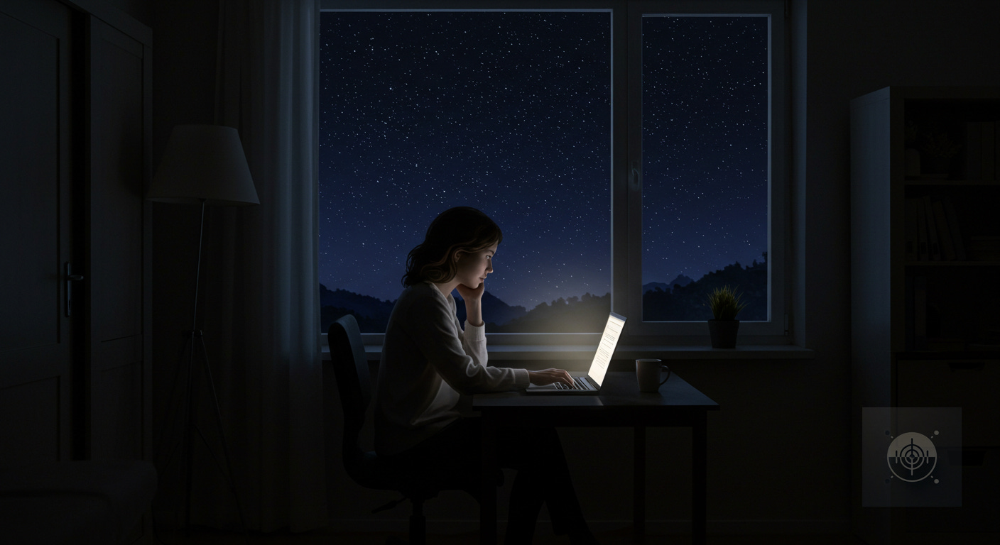 a woman searching for an answer online late at night with a laptop near a window
