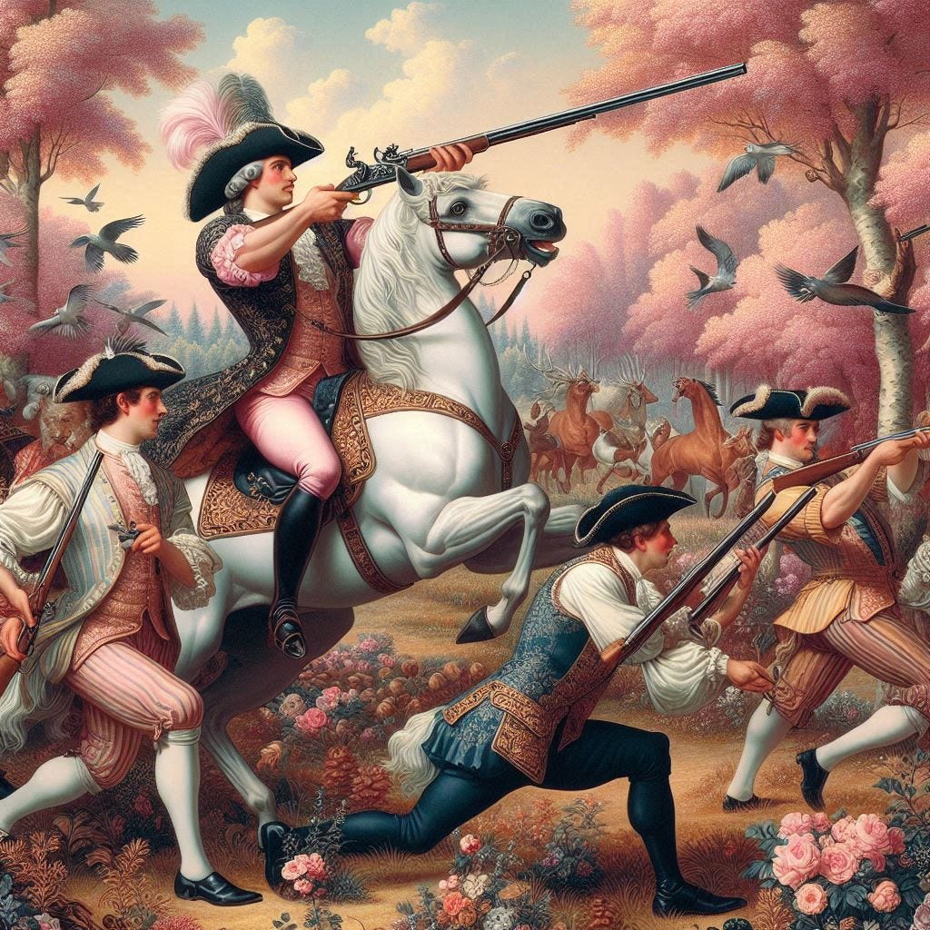 french baroque people hunting with glittering guns in a pink forest with german fold dancers