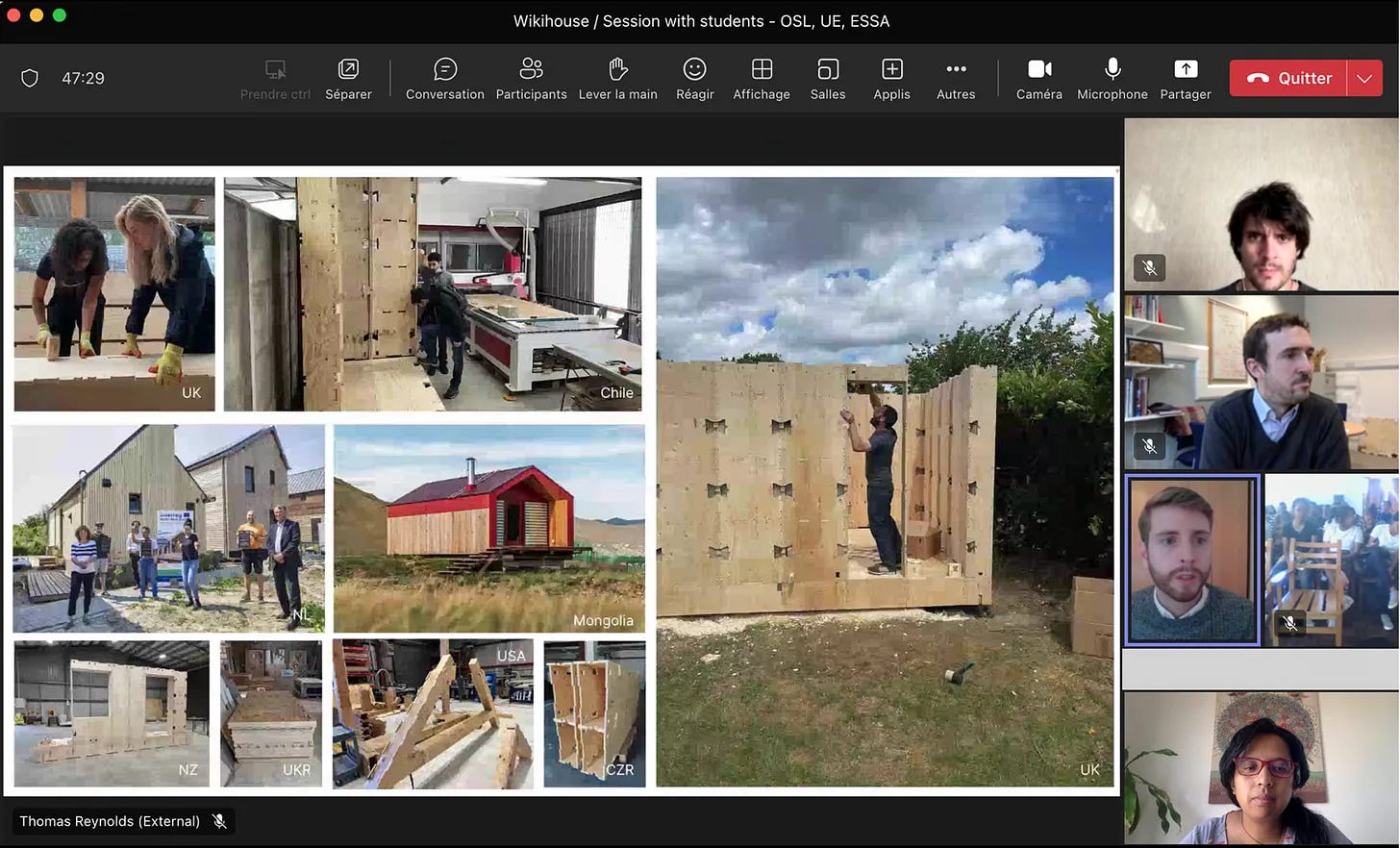 Screenshot of WikiHouse workshop, showing a gallery of WikiHouses on the left hand side, and 4 people delivering the session on the right hand side.