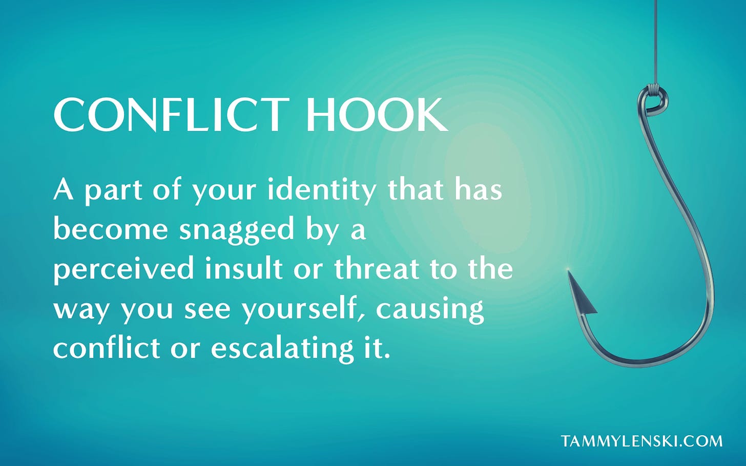 Conflict hook: A part of your identity that has become snagged by a perceived insults or threat to the way you see yourself, causing conflict or escalating it. TammyLenski.com