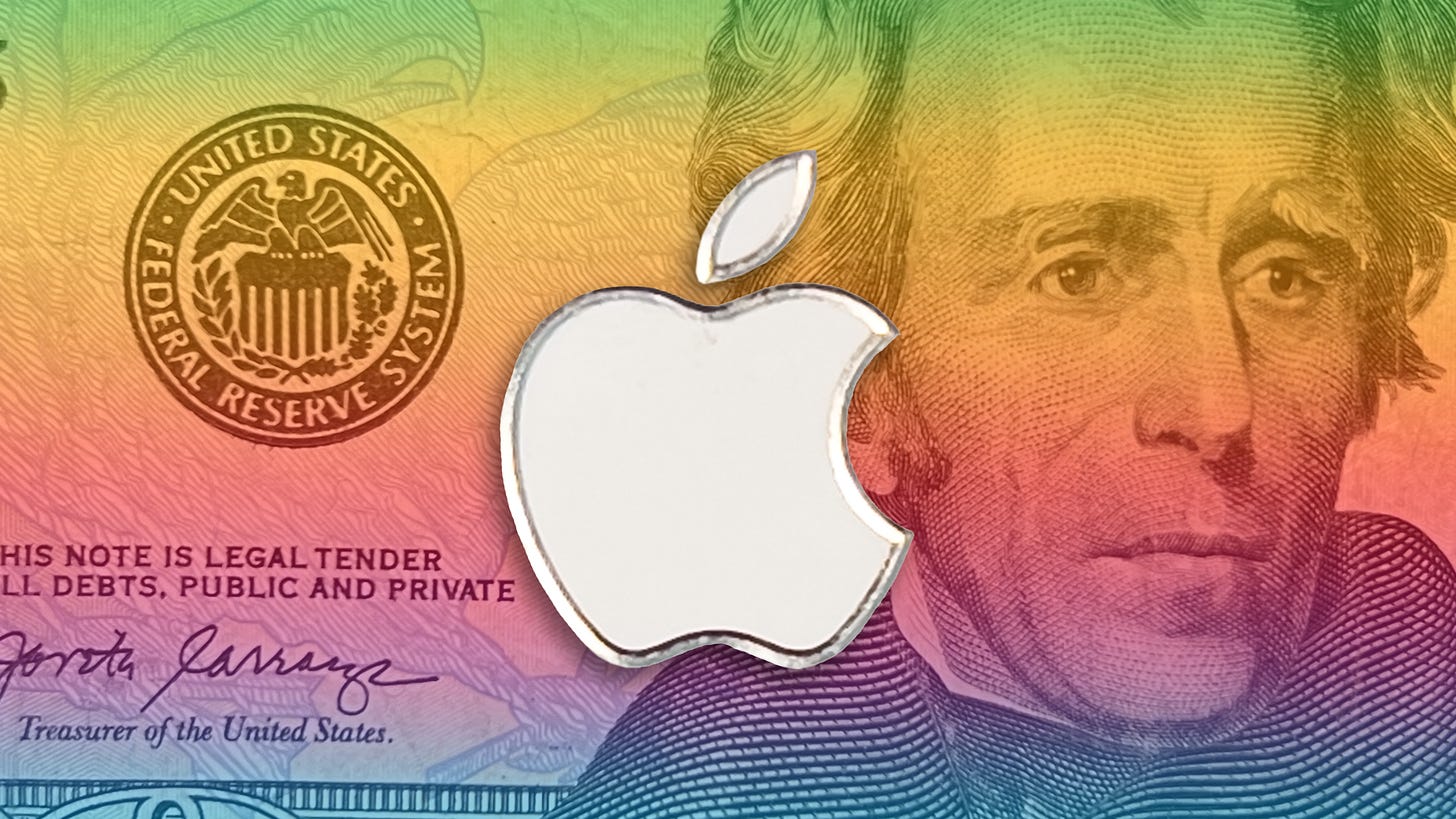 The Apple logo from an Apple Card superimposed on a Apple-style rainbow gradient over the $20 bill print of US President Andrew Jackson
