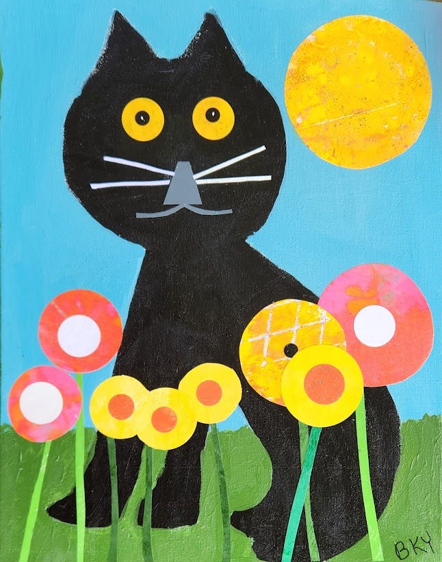 Mixed-media art piece of a black cat sitting behing colorful flowers with a round yellow sun behind it.